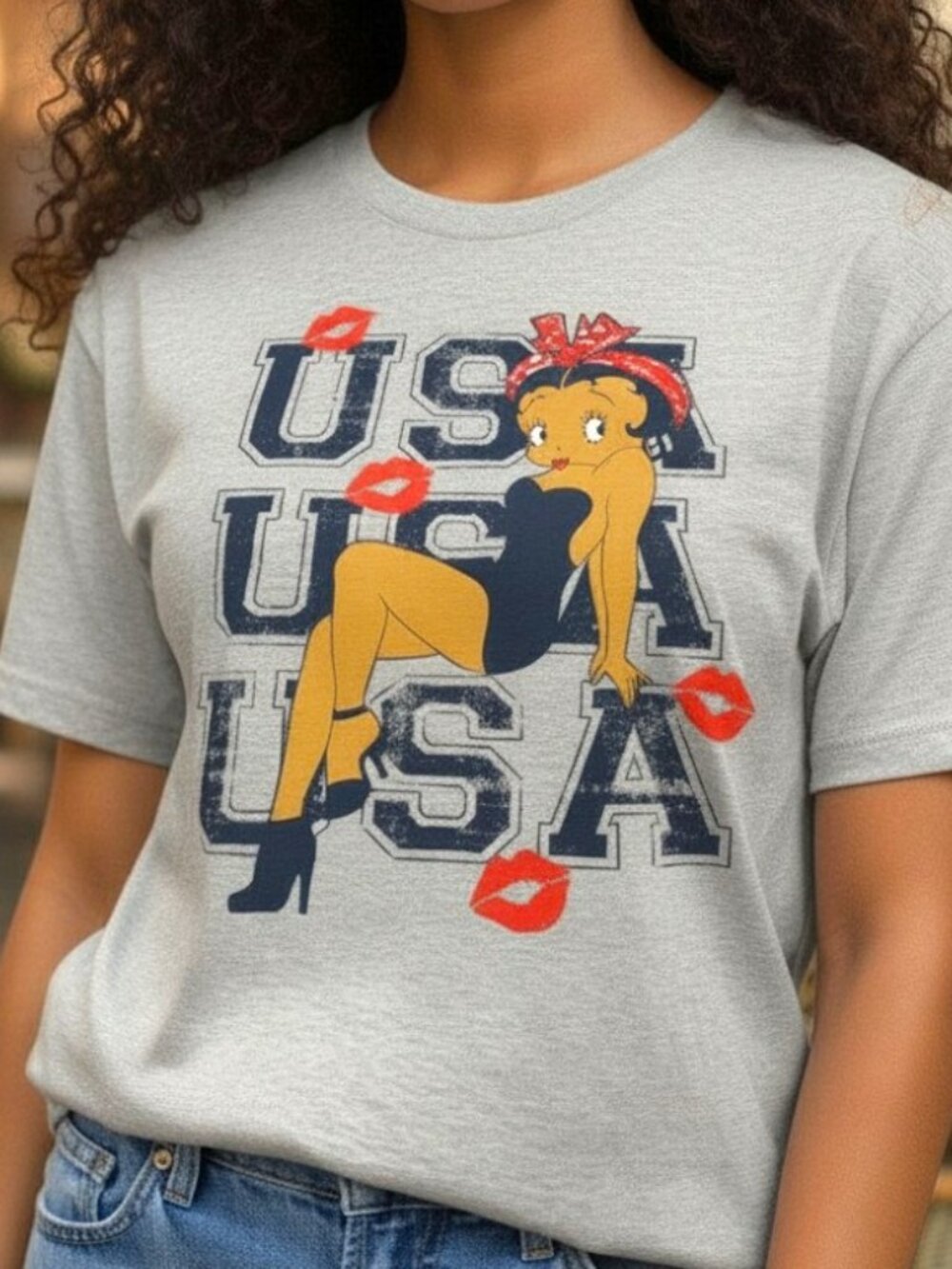 Betty Boop USA Graphic Tee - Gray with Red & Navy